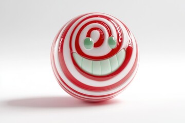 A red and white swirled sphere with a smiling face, resembling a candy or lollipop.