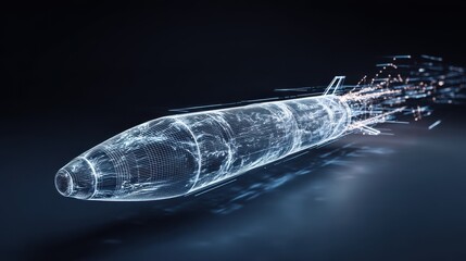 3D wireframe missile model, digital technology representation, futuristic design, blue glowing lines, abstract background.
