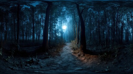 360 degree, dark forest path illuminated by the moon, with ghostly apparitions floating. HDRI spherical panorama. © Stock by Hemal