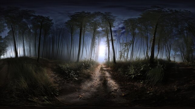 360 degree, dark forest path illuminated by the moon, with ghostly apparitions floating. HDRI spherical panorama.
