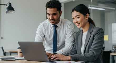 Two business people look at a laptop in a modern office setting.