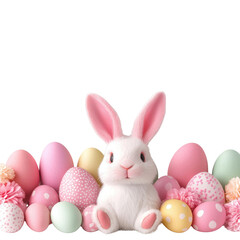 easter festival concept Cute bunny surrounded by colorful Easter eggs on a black background. isolated on white background