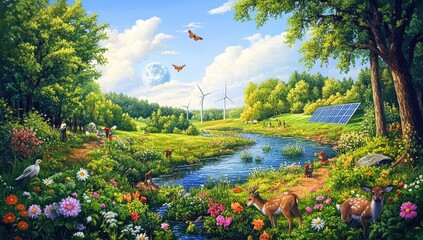 Naklejka premium A serene landscape showcasing sustainable energy and wildlife in harmony.