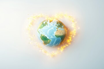 Fototapeta premium A miniature Earth globe nestled within a heart-shaped garland of sparkling lights, symbolizing global love and care.