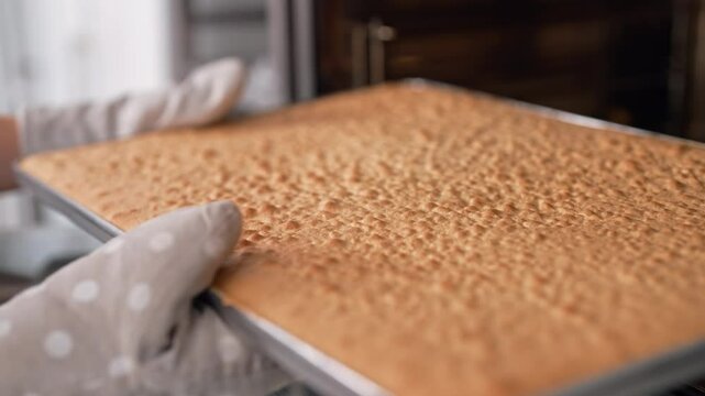 Pastry chef takes out baking sheet with finished cake layer from oven. Dessert