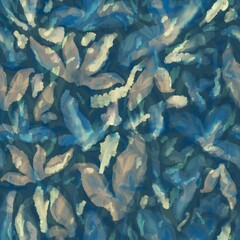 Abstract watercolor pattern with blue, white, and beige hues. The design features a blend of soft, flowing shapes resembling leaves or petals.
