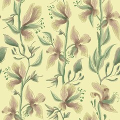 Seamless vertical floral pattern with lilies or orchids. Ideal for textiles, wallpapers and decorative designs.