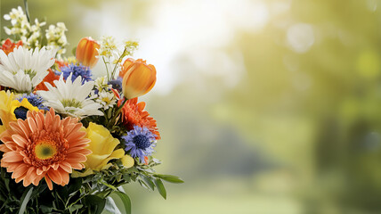 vibrant bouquet of flowers featuring orange gerbera daisies, tulips, and various colorful blooms, set against soft