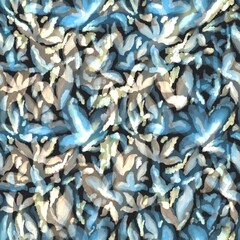 Abstract watercolor pattern with blue, white, and beige hues. The design features a blend of soft, flowing shapes resembling leaves or petals.
