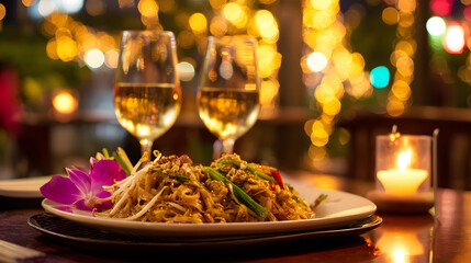 Romantic Dinner Setting with Pad Thai Dish, Wine Glasses, and Candlelight Ambiance for Two Guests