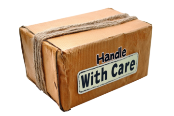 A rustic cardboard package secured with twine urging Handle With Care on transparent background