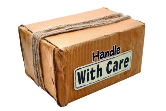 A rustic cardboard package secured with twine urging Handle With Care on transparent background
