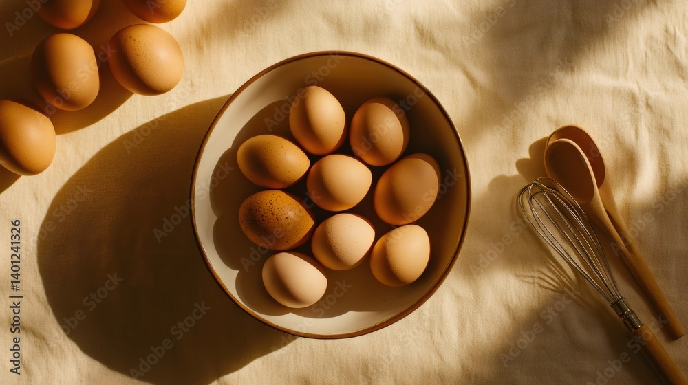 Poster fresh brown eggs are displayed in a bowl alongside a whisk and wooden spoons on a linen cloth, illum