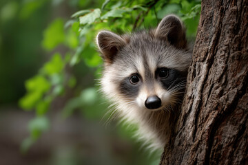 Obraz premium Curious raccoon exploring its surroundings from a tree