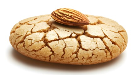 Golden almond cookie with a cracked surface and whole almond on top, isolated on white. Perfect for dessert lovers and sweet-themed designs