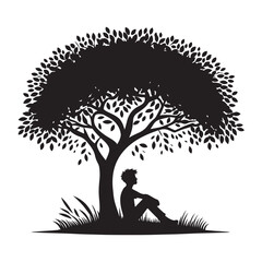 Silhouette of Boy Under Tree Illustration for Relaxation and Thought
