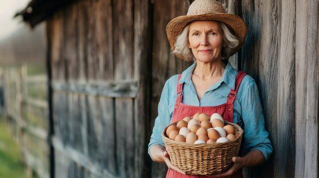 Smiling elderly female farmer in a straw hat and overalls holds a wicker basket filled with fresh brown and white eggs in front of a wooden chicken coop on a farm - Powered by Adobe