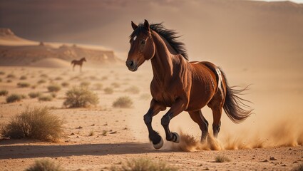 Obraz premium Wild Horse Sprinting Through Dry Desert Terrain at Sunset
