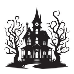 Spooky Haunted House Silhouette Illustration for Halloween Decorations and Crafts