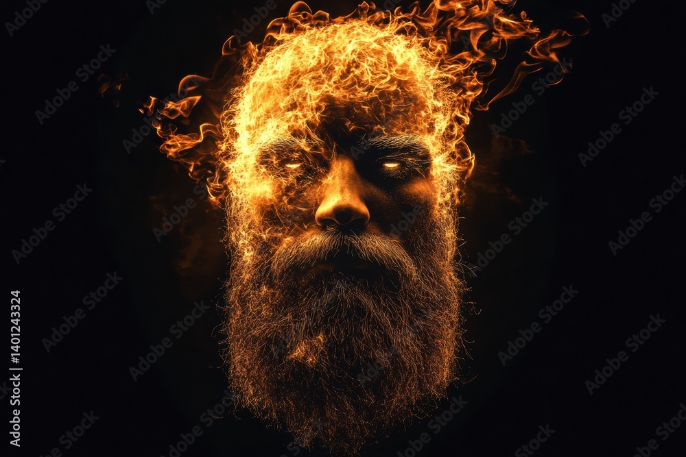 Poster glow of flame beard illuminates darkness with a fantasy fire concept against a black background