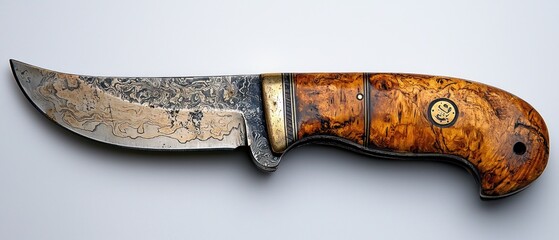 Hand-crafted hunting knife with intricate blade and wood handle