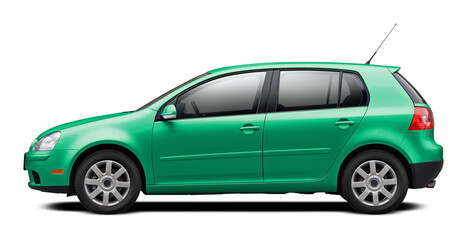 Modern European car with a side view, hatchback body, all blue green. In png format on a transparent background.