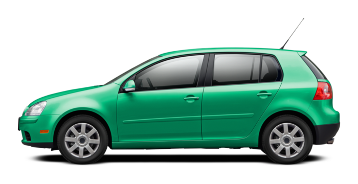 Modern European car with a side view, hatchback body, all blue green. In png format on a transparent background.