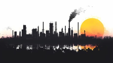 Industrial Skyline at Sunset. Factory Silhouettes and Smoke Reflections Enhancing Urban Cityscape, Air Quality and Energy Impacts