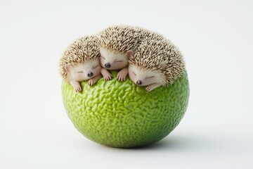 Obraz premium Three adorable hedgehogs snuggle together, peacefully sleeping on a vibrant green lime.