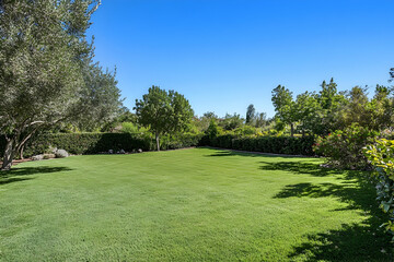 Obraz premium Well-maintained green grass lawn with trees and open sky offering space for outdoor activities