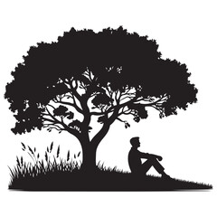 Solitude Man Silhouette Under Tree Vector Illustration Serenity Scene