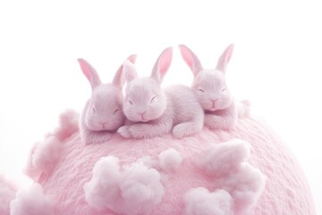 Obraz premium Three adorable pink bunnies nestled together on a fluffy pink cloud, sleeping peacefully.