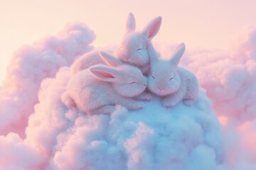 Three fluffy white bunnies cuddle together on a soft pink and blue cloud, peacefully asleep.