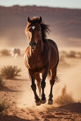 Obraz premium Majestic Wild Horse Charging in Dusty Desert Landscape