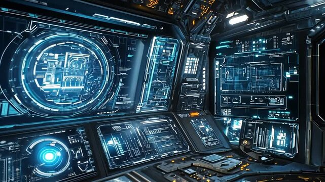 Futuristic spaceship cockpit with advanced technology interface and control panels