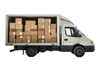 A delivery truck packed with cardboard boxes on a black background ready on transparent background