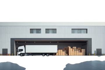 White delivery truck unloading cardboard boxes at a warehouse with large on transparent background