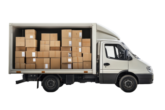 A delivery truck packed with cardboard boxes on a black background ready on transparent background