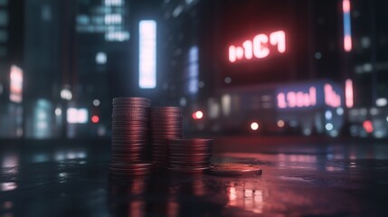 Stacked coins glimmer under neon lights in a bustling urban environment late at night