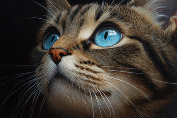 Cat with striking blue eyes gazes curiously upwards.