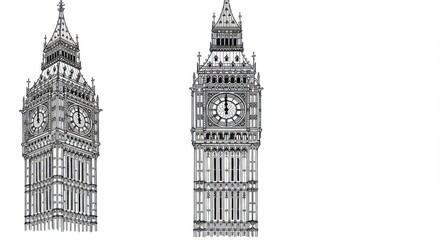 Detailed Line Art of Big Ben Clock Tower on White Background
