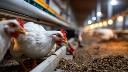 Chickens Feeding in Modern Indoor Poultry Farm under Artificial Lighting