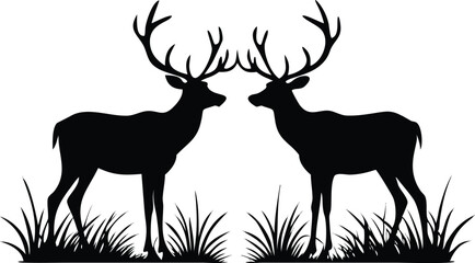 Two Deer Facing Silhouette in Grass on Transparent Background Isolated Design