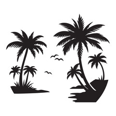Tropical Island Silhouette Vector Illustration with Palm Trees and Birds