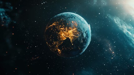 Obraz premium View of Earth illuminated at night from space, showcasing city lights and natural features