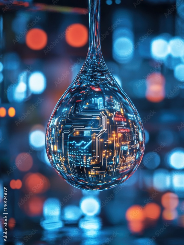 Poster macro water droplet showcases digital circuit reflection, blending nature and technology in a vibran