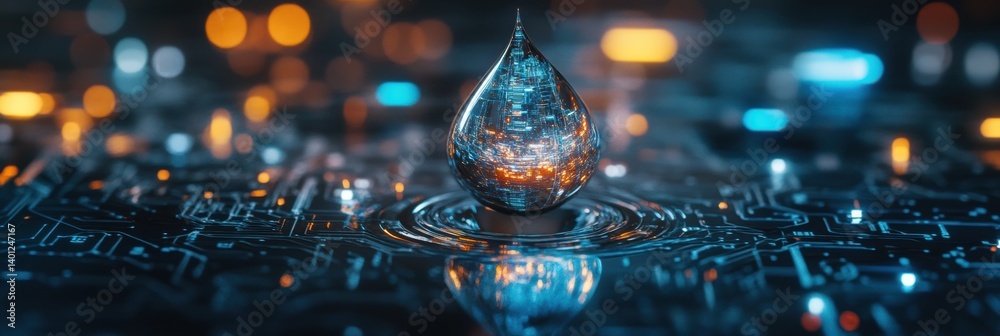 Fototapete Macro water droplet reflecting digital circuit patterns showcasing the fusion of nature and technology in a vibrant composition