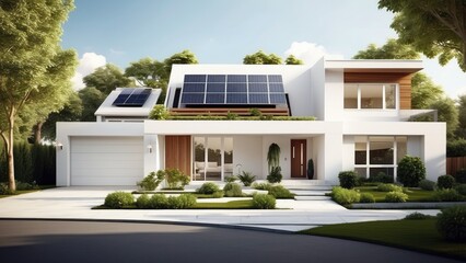 arafed house with solar panels on the roof and a car parked in front, stylized 3d render, isometric 3d render