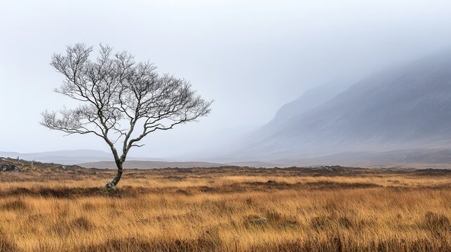 Landscape photography of lone tree in field with mountain backdrop in foggy weather conditions outdoor scene