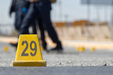 Yellow forensic marker number 29 at a crime scene, with investigators in the background.